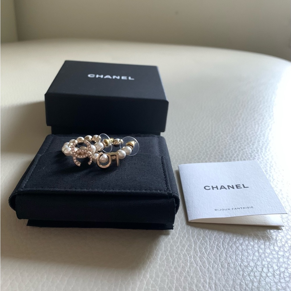 Chanel Faux Pearl & Crystal CC No 5 Hoop Earrings